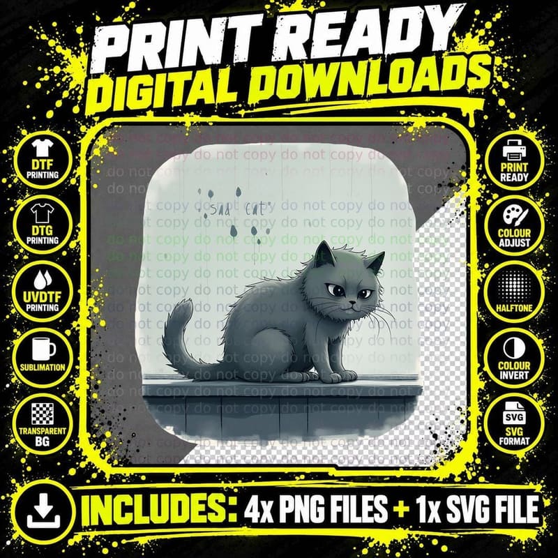 Depressed Feline Graphic, Sad Cat Emotional Art 2 T-Shirt Png SVG Digital Bundle