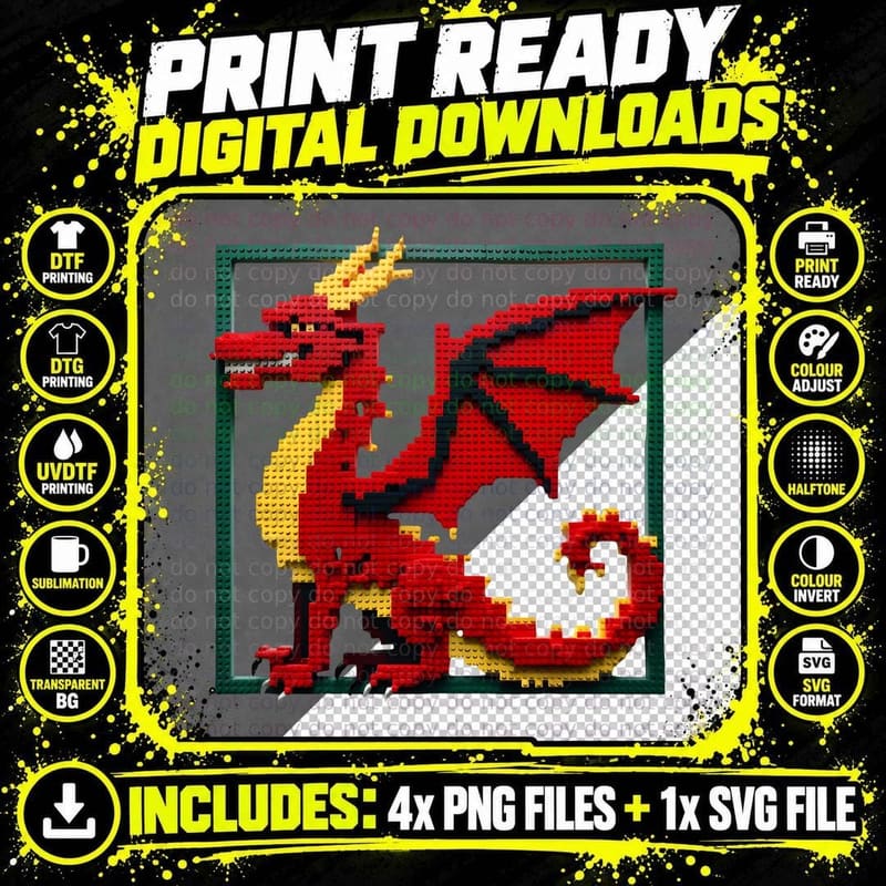 Detailed Block Builder Dragon T-Shirt Png SVG Digital Bundle