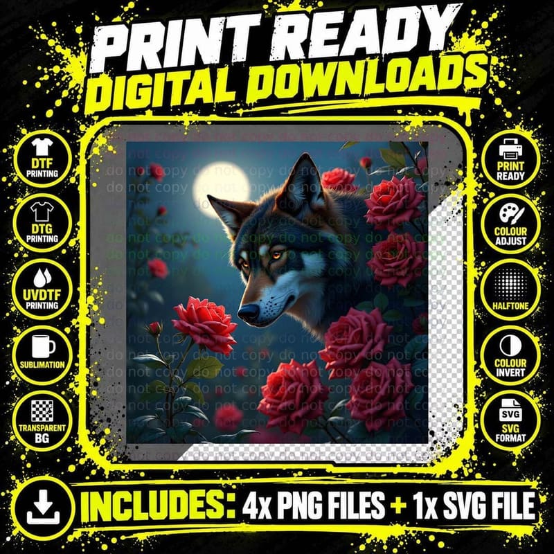 Detailed Gray Wolf Head Red Roses Floral Arrangement Png SVG Digital Bundle
