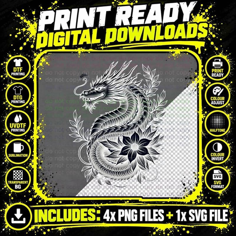 Detailed Japanese Dragon Tattoo Design T-Shirt Png SVG Digital Bundle