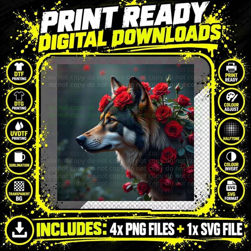 Detailed Realistic Wolf Portrait with Red Roses Mystical Png SVG Digital Bundle