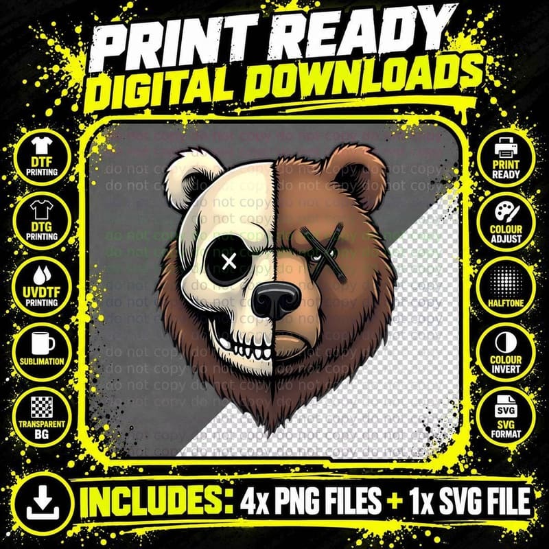 Detailed Split Bear Face Skull Frowning Graphic T-Shirt Png SVG Digital Bundle