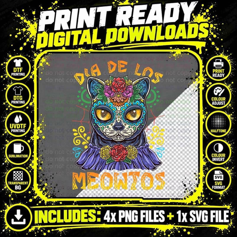 Dia De Los Meowrtos Cat Sugar Skull Day of the Dead Png SVG Digital Bundle
