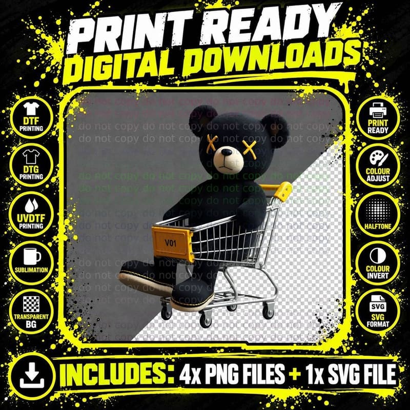 Distressed Teddy Bear in Shopping Cart T-Shirt Png SVG Digital Bundle