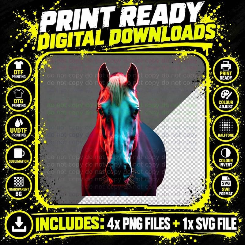 Dual Glow Horse Portrait Red Blue Green Wild Animal Png SVG Digital Bundle