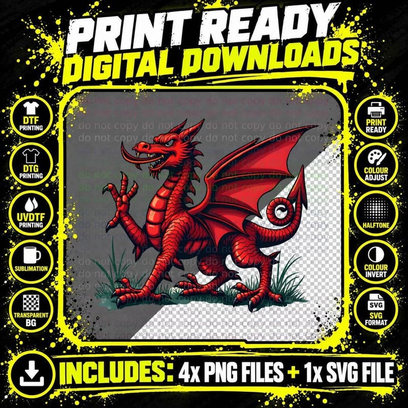 Dynamic Red Dragon Wales Welsh Mythology Creature T-Shirt Png SVG Digital Bundle