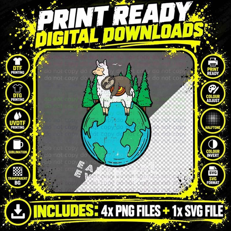 Earth Day Everyday Sloth on Llama Cute Alpaca Men Women Png SVG Digital Bundle