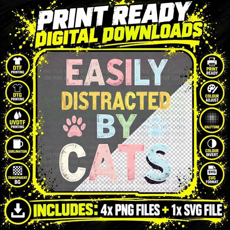 Easily Distracted by Cats Cat Lover T-Shirt Png SVG Digital Bundle