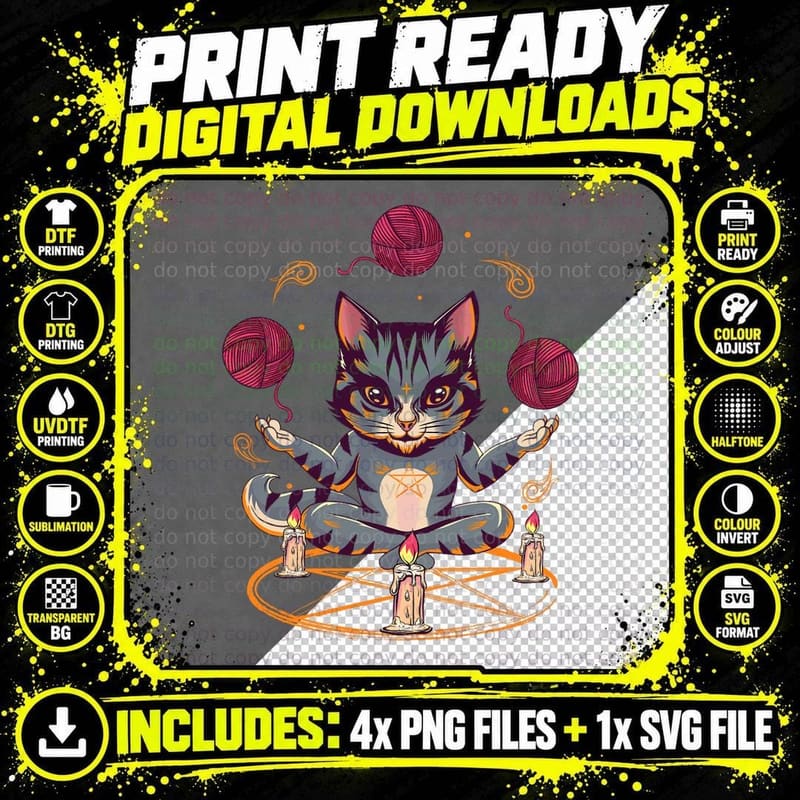 Evil Yarn Juggling Black Cat Devil Occult Satanic Png SVG Digital Bundle