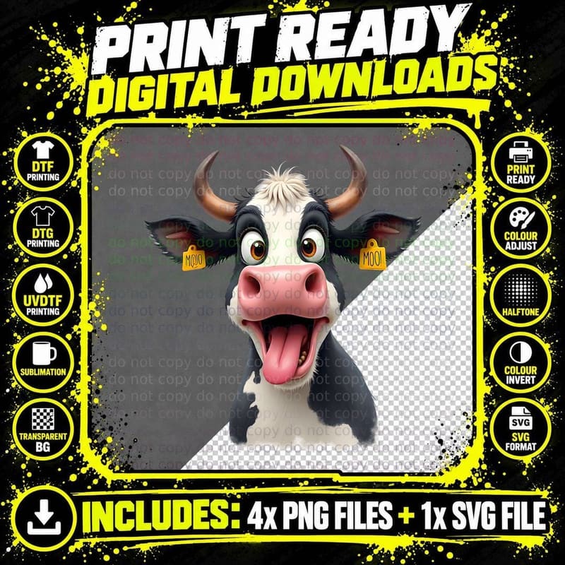 Expressive Holstein Cow Caricature T-Shirt Png SVG Digital Bundle