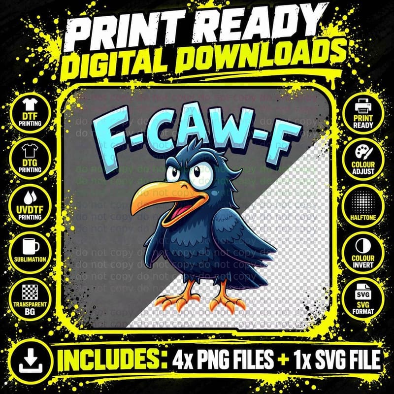 F-CAW-F Annoyed Raven Cartoon Midnight Blue Black Png SVG Digital Bundle