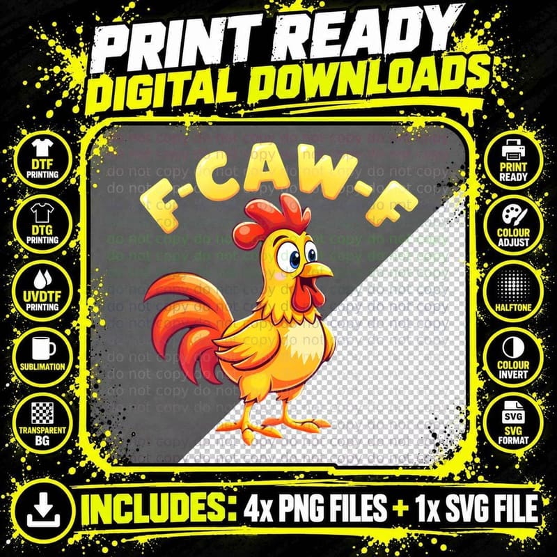 F-CAW-F Funny Rooster Cartoon Mascot Vibrant Yellow Png SVG Digital Bundle