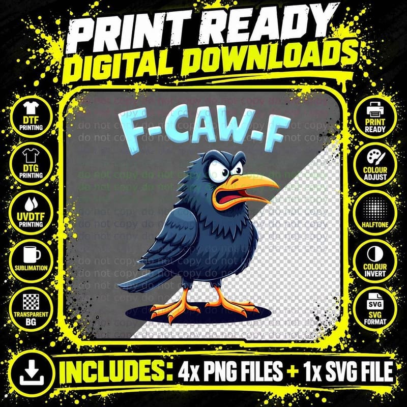 F-CAW-F Raven Scowling Frustrated Cartoon Indignant Bird Png SVG Digital Bundle