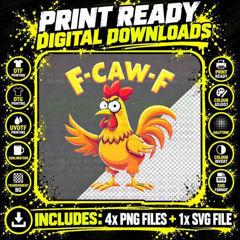F-CAW-F Rooster Mischievous Cartoon Yellow Orange Png SVG Digital Bundle