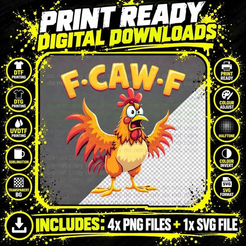 F-CAW-F Rooster Playful Mascot Funny Orange Yellow Png SVG Digital Bundle