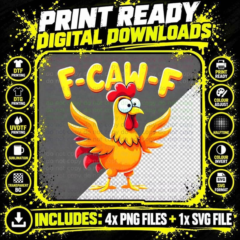 F-CAW-F Rooster Smiling Cartoon Vibrant Mischievous Bird Png SVG Digital Bundle