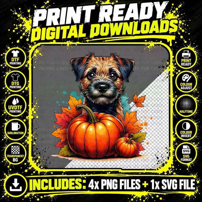 Fall Border Terrier Dog Leaves Autumn Vibes Gift T-Shirt Png SVG Digital Bundle