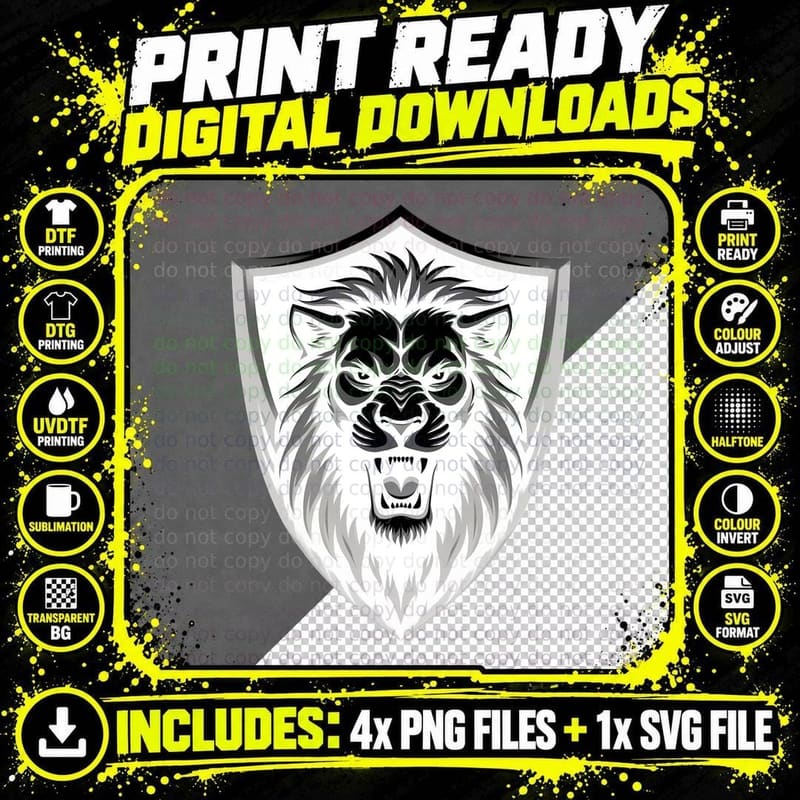 Fierce Lion Shield Roaring Big Cat Black and White Art Png SVG Digital Bundle