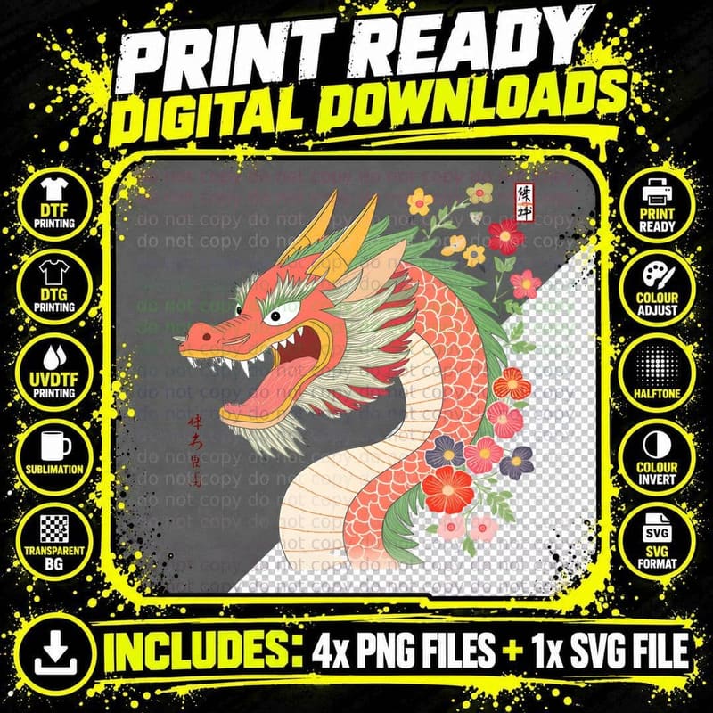 Floral Red Dragon Japanese Calligraphy Art T-Shirt Png SVG Digital Bundle
