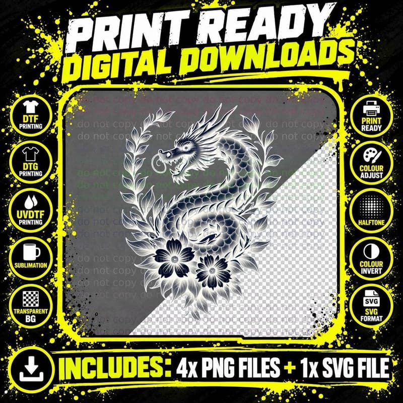 Flowing Floral Japanese Dragon Tattoo Art T-Shirt Png SVG Digital Bundle