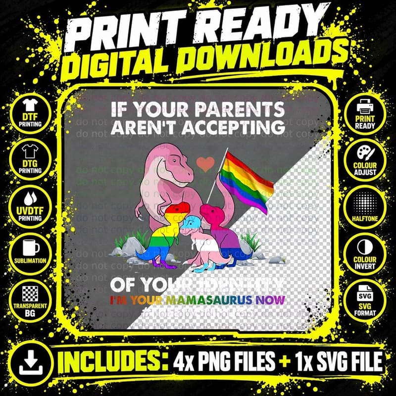 Free Mom Hugs Mamasaurus Dinosaur T Rex Ally Rainbow Png SVG Digital Bundle