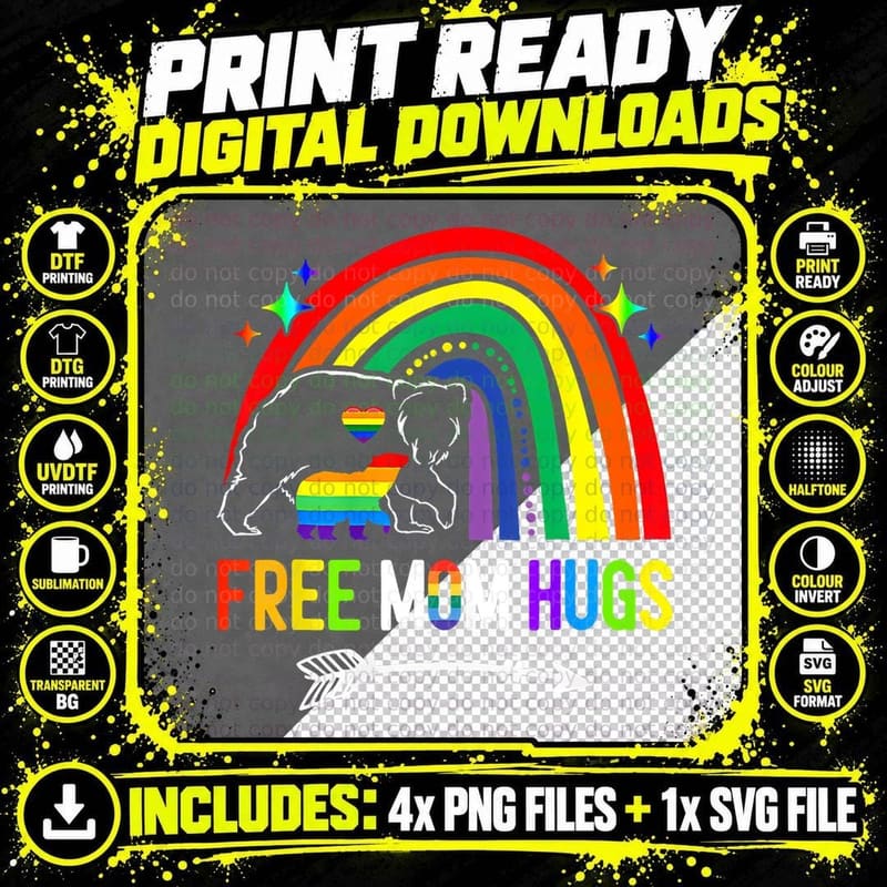 Free Mom Hugs Pride LGBTQ Gay Rainbow Flag Mama Bear Png SVG Digital Bundle