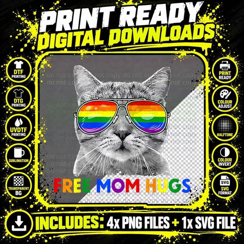 Free Mom Hugs Purride Proud Ally Cat Rainbow Flag LGBT Png SVG Digital Bundle
