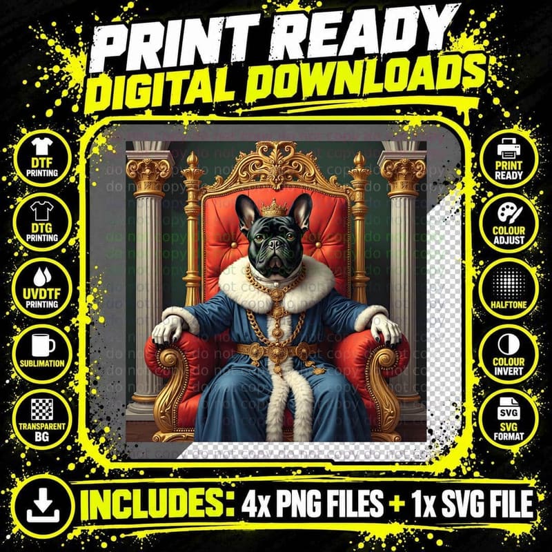 French Bulldog King on Dog Bed Throne T-Shirt Png SVG Digital Bundle