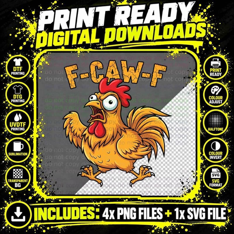 Funny Angry Chicken Cartoon F-Caw-F Humor Design Gift Png SVG Digital Bundle