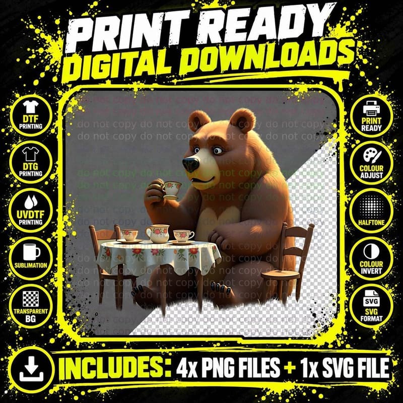 Funny Bear with Teacup T-Shirt Png SVG Digital Bundle