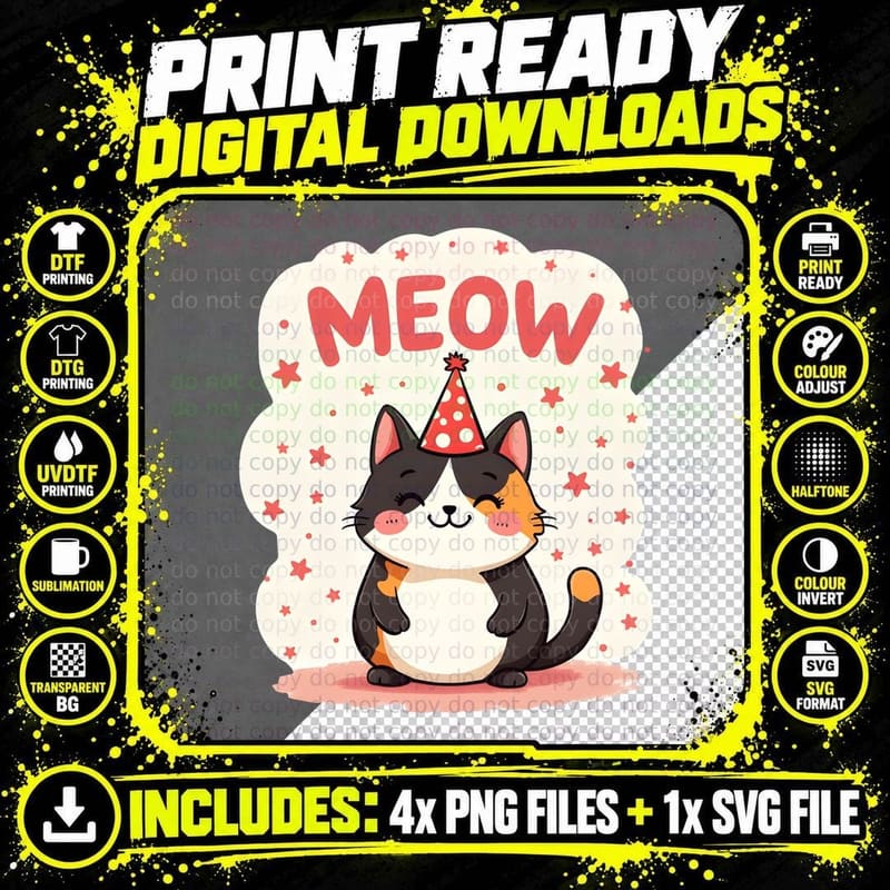 Funny Cat Birthday Tee, Cute Kitty Gift for Kids Png SVG Digital Bundle