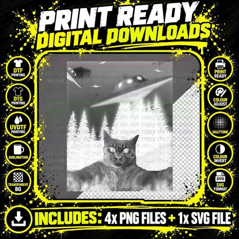 Funny Cat Photo With Alien Ufos T-Shirt Png SVG Digital Bundle