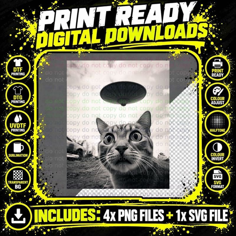 Funny Cat Photo With Ufos UFO Alien Space Funny Cat Png SVG Digital Bundle