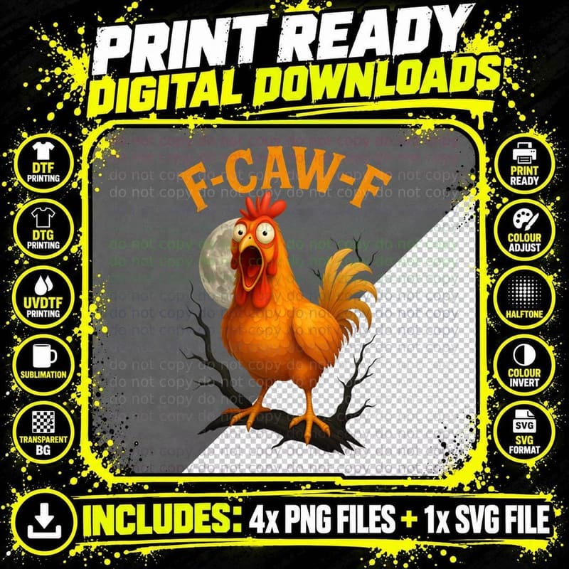 Funny Chicken F-CAW-F Rooster Moon Howling Parody Tee Png SVG Digital Bundle
