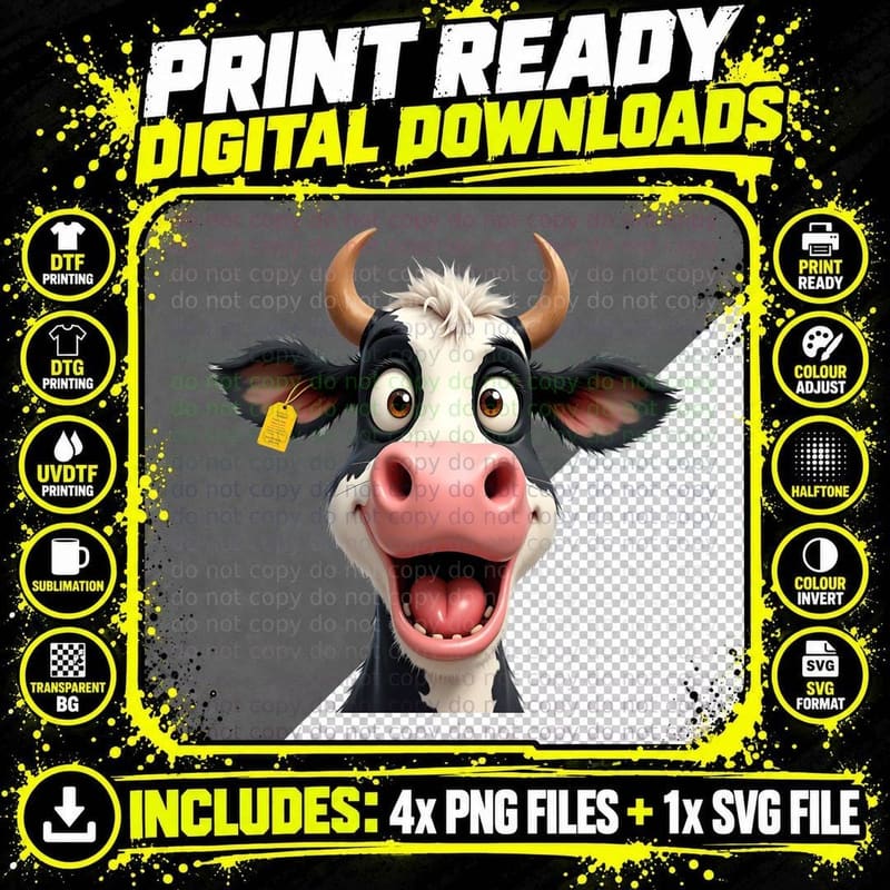 Funny Cow with Wide Open Eyes T-Shirt Png SVG Digital Bundle