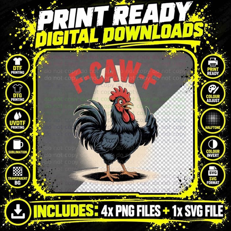 Funny F-Caw-F Rooster Cawing Retro Chicken Sarcastic Png SVG Digital Bundle