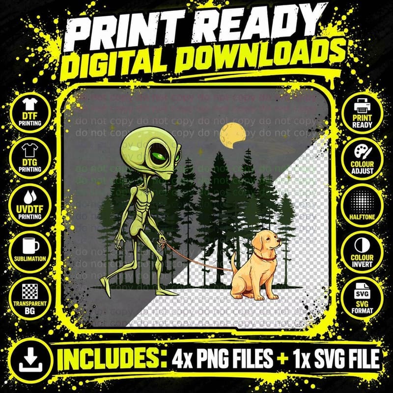 Funny Golden Retriever Alien Walking UFO Pet Dog Mom Dad Png SVG Digital Bundle
