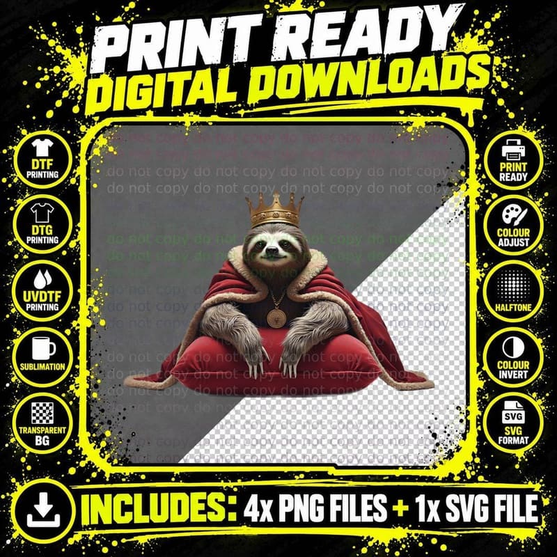 Funny King Sloth with Bored Expression T-Shirt Png SVG Digital Bundle