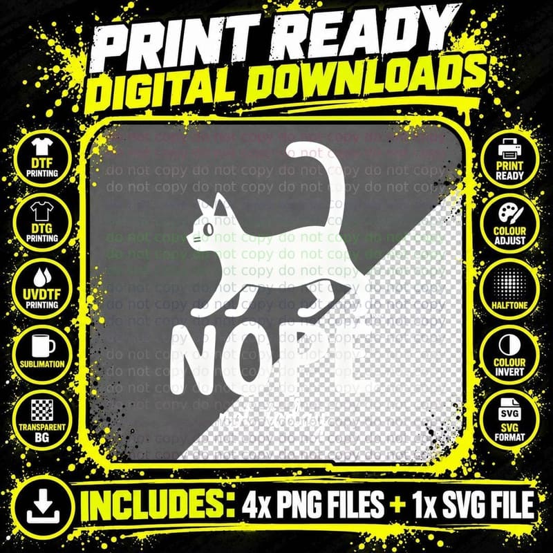 Funny Nope Cat Silhouette T-Shirt Png SVG Digital Bundle