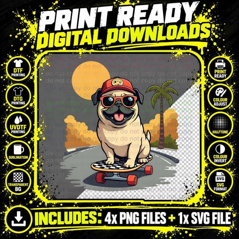 Funny Pug Lover Shirt, Skater Dog Owner Gift for Him Png SVG Digital Bundle