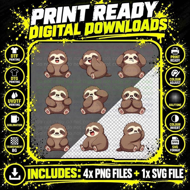 Funny Sloth Emotions 3x3 Grid Funny Cute Animal Lover Png SVG Digital Bundle
