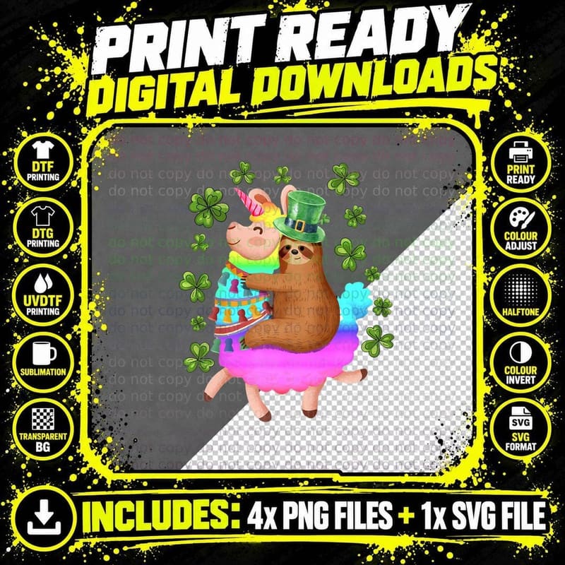 Funny St Patrick's Day Sloth Riding Llama Alpaca Png SVG Digital Bundle