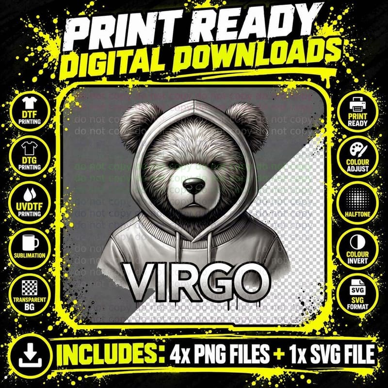 Furious Bear in Gray Hoodie Virgo Zodiac Sign Graffiti Png SVG Digital Bundle