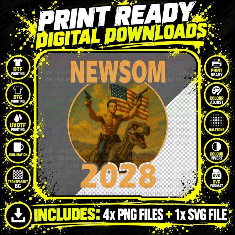 Gavin Newsom 2028 Bold Patriotic Leader Riding Dinosaur Png SVG Digital Bundle