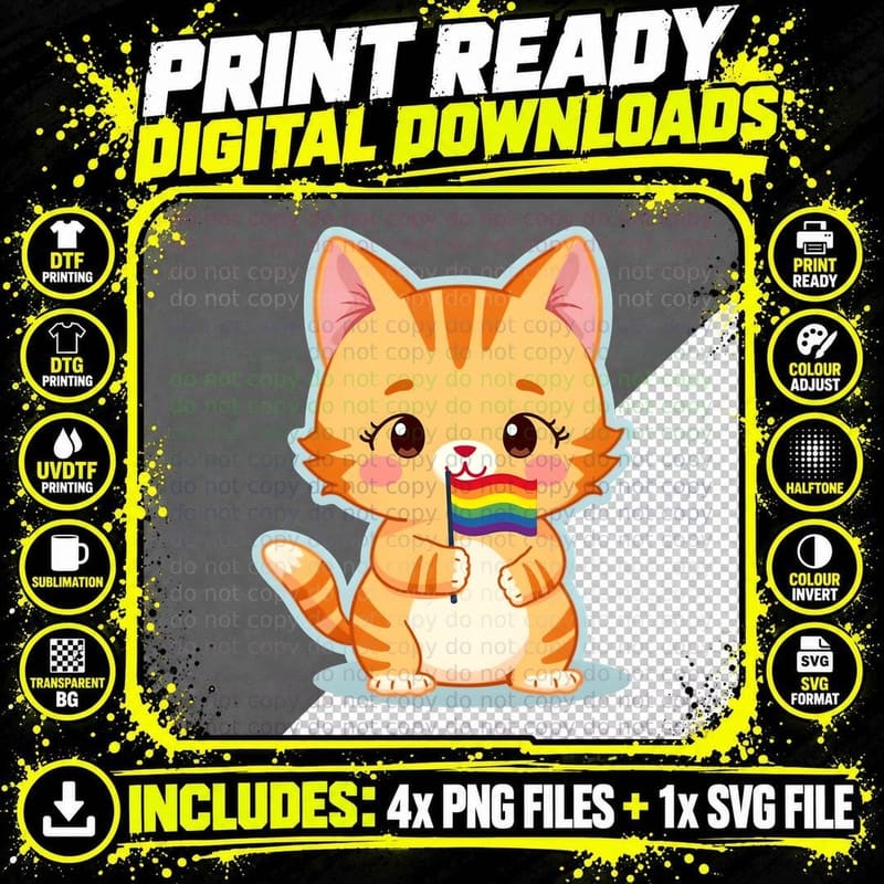 Gay Pride Cat, LGBTQ Cat, Rainbow Cat T-Shirt Png SVG Digital Bundle