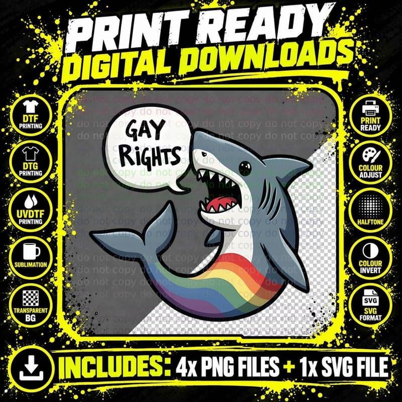 Gay Rights Shark Rainbow Flag LGBTQ+ Pride Cartoon Png SVG Digital Bundle