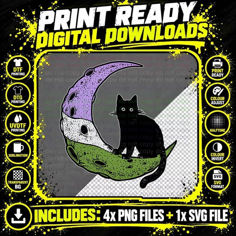 Genderqueer Moon Space Cat LGBT Pride with Trans Flag Png SVG Digital Bundle