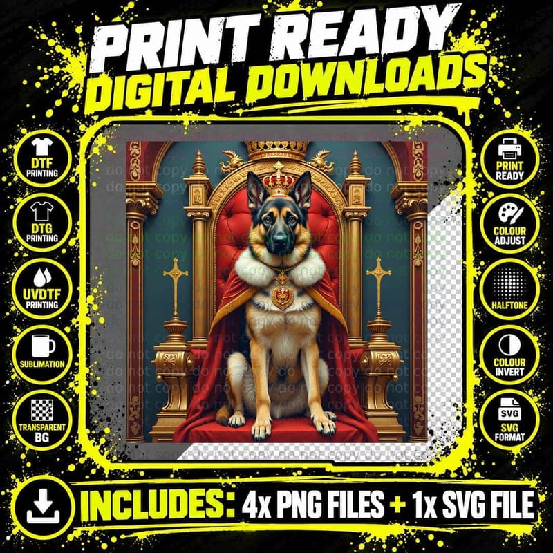 German Shepherd King on Dog Bed Throne T-Shirt Png SVG Digital Bundle