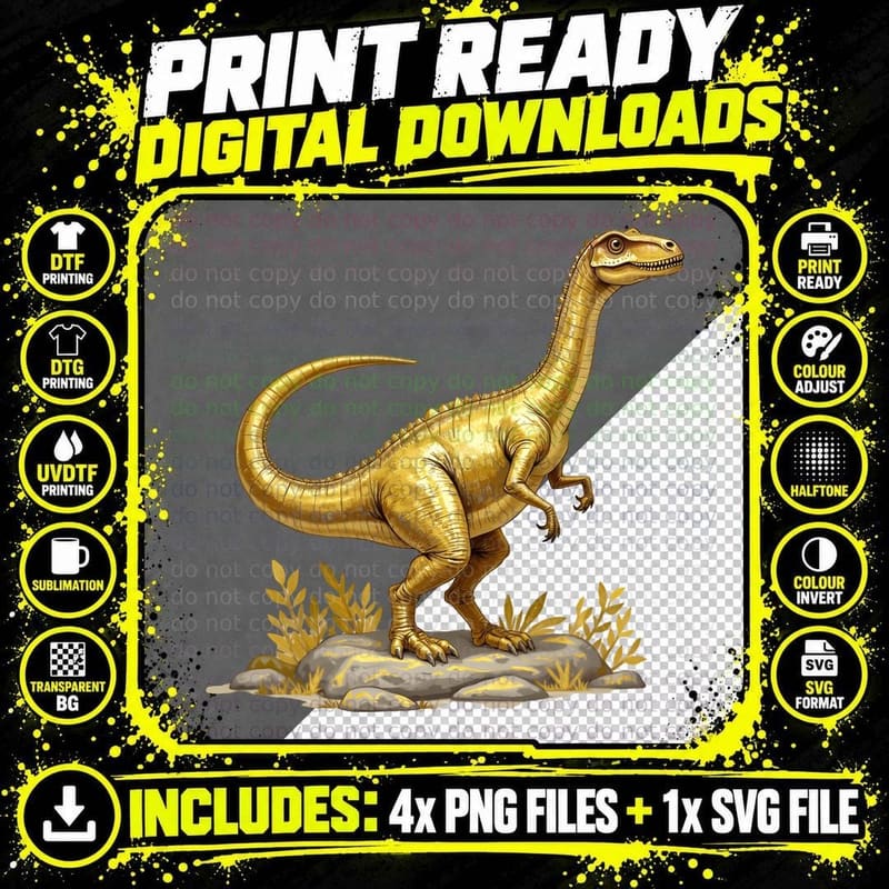 Golden Dinosaur T-Rex Realistic Art Dino Lover T-Shirt Png SVG Digital Bundle
