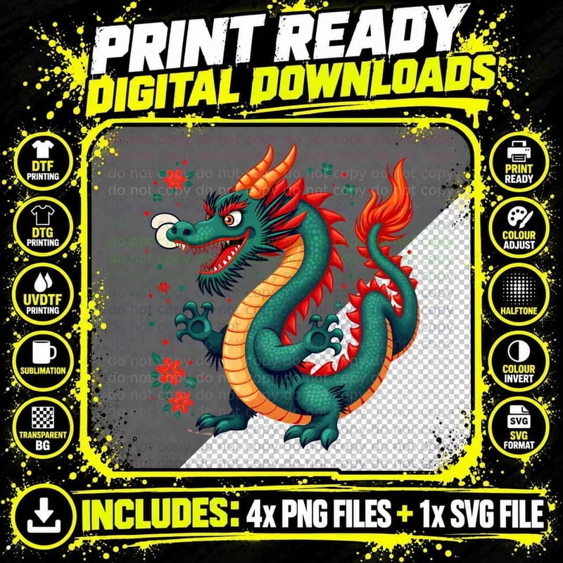 Green Dragon Fiery Tail Fantasy Floral Mythical Creature Png SVG Digital Bundle